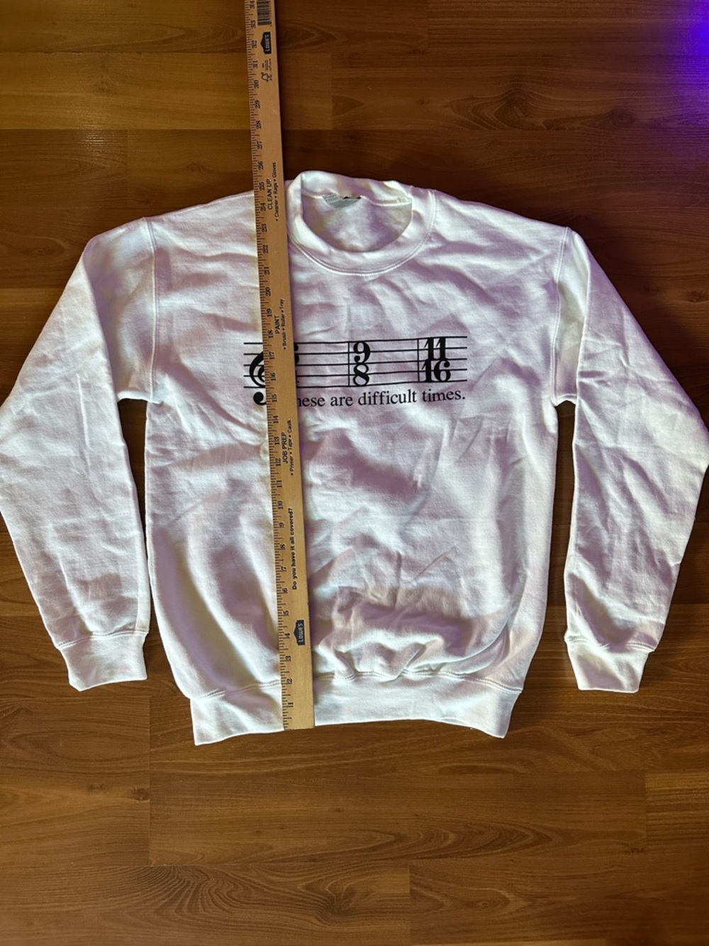 Gildan White Crewneck with Black Music Notation These Are Difficult Times - Picture 4 of 6
